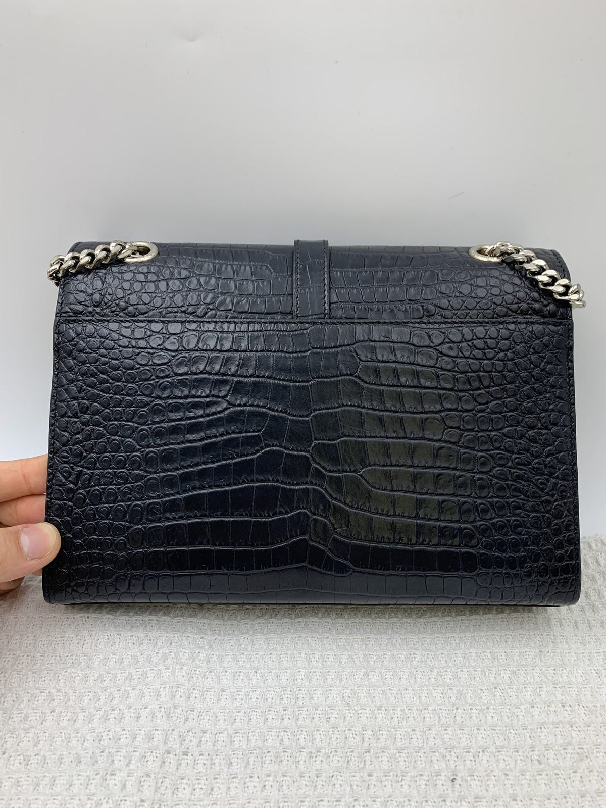 Saint Laurent Classic Monogram Envelope Satchel Crocodile Embossed Leather Large Crossbody Bag Black - view 2 - item 1200022