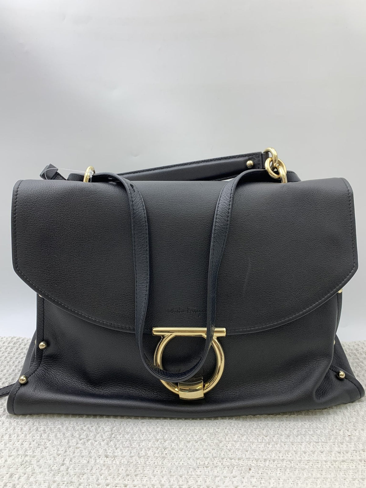 Salvatore Ferragamo Gancini Black Leather Studded Satchel - view 1 - item 0092106